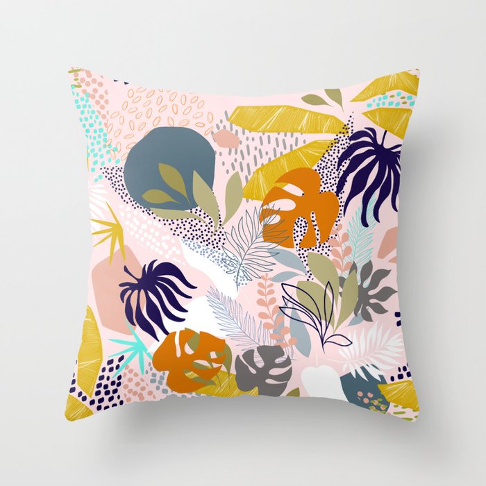 Tropical Retro Boho Foliage Pattern - Pink Throw Pillow