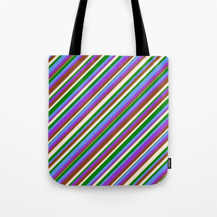 Colorful Cornflower Blue, Dark Orchid, Brown, Beige & Green Colored Lined/Striped Pattern Tote Bag