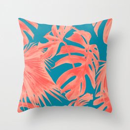 Living Coral Tropical Palm Leaves Monstera III Throw Pillow