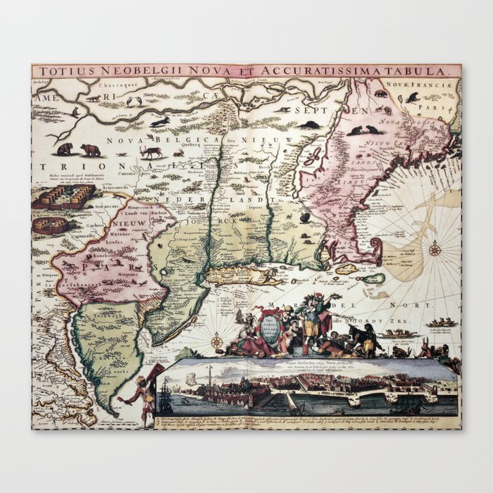 New England old map with New Amsterdam Canvas Print