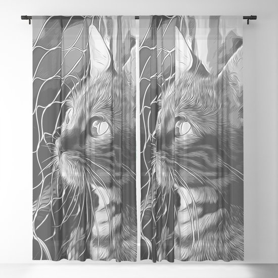 Bengal Cat Yearns For Freedom Vector Art Black White Sheer Curtain