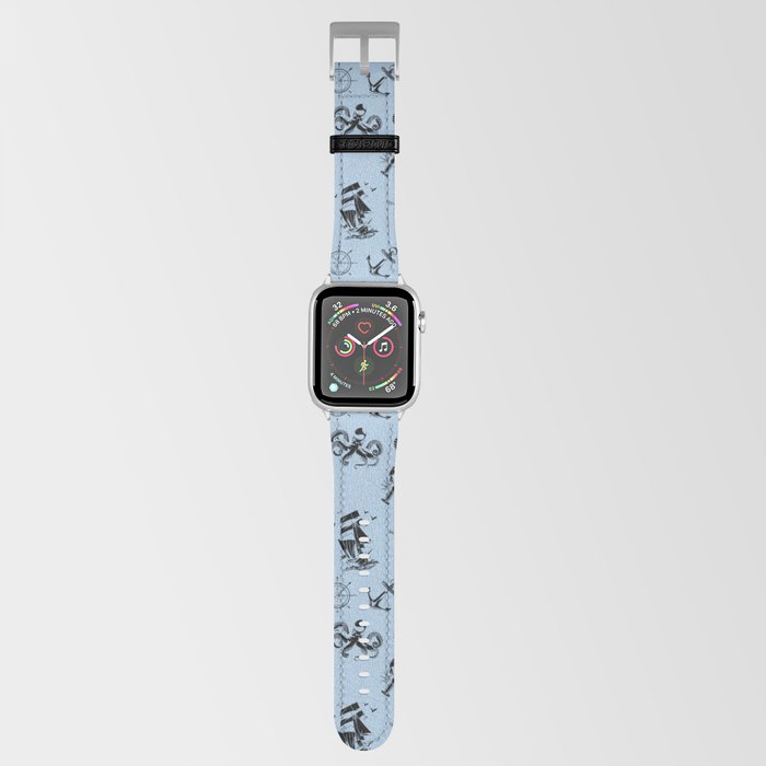 Pale Blue And Black Silhouettes Of Vintage Nautical Pattern Apple Watch Band