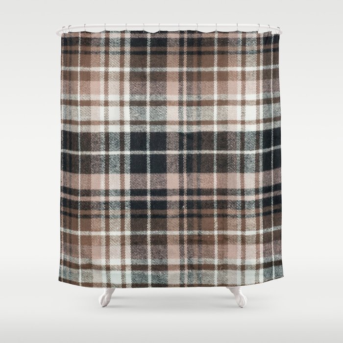 Plaid Fabric Print In Brown Black And White Shower Curtain By