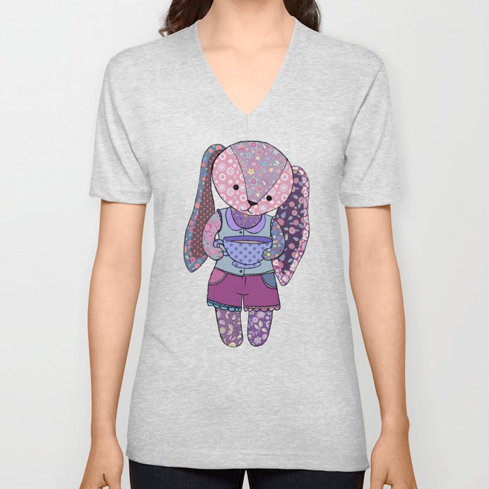 Have a cup of tea with me? - cute patchwork bunny V Neck T Shirt
