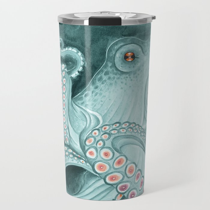 Cyan Green Teal Tentacles Pink Octopus Kraken Watercolor Art Travel Mug