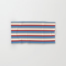 [ Thumbnail: Red, Blue, Dark Grey & Beige Colored Lines/Stripes Pattern Hand & Bath Towel ]