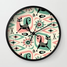 Mid Century Cat Abstract - Pink Aqua Wall Clock