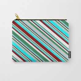 [ Thumbnail: Eyecatching Sea Green, Light Grey, Cyan, Dark Red, and White Colored Lines Pattern Carry-All Pouch ]