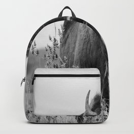 Talent Show - Bison on Tallgrass Prairie in Oklahoma in Black and White Backpack | Nature, Silly, Plains, Lodge, Picture, Black And White, Photo, Humorous, Bison, Wildlife 