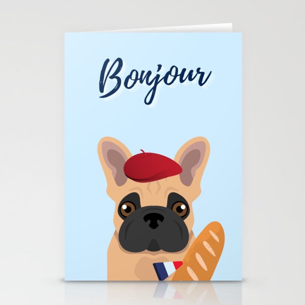 Bonjour, French Bulldog Frenchie blueGifts Stationery Cards