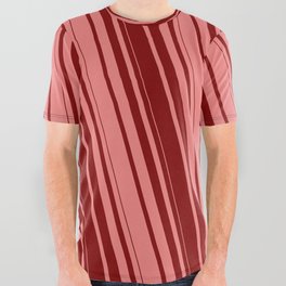 [ Thumbnail: Light Coral & Maroon Colored Stripes Pattern All Over Graphic Tee ]