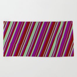 [ Thumbnail: Dark Sea Green, Purple, and Maroon Colored Striped/Lined Pattern Beach Towel ]