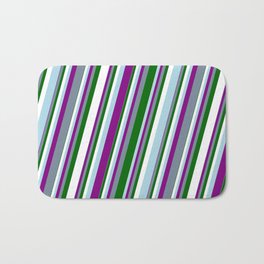 [ Thumbnail: Light Blue, Purple, Light Slate Gray, Dark Green & White Colored Striped Pattern Bath Mat ]
