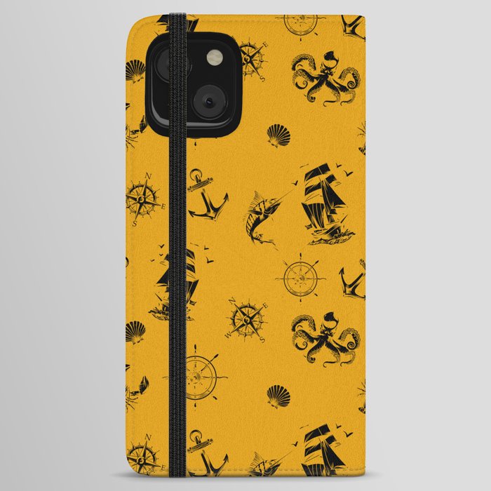 Mustard And Black Silhouettes Of Vintage Nautical Pattern iPhone Wallet Case