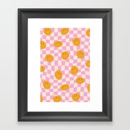 Groovy Smiley Faces on Pastel Pink Twisted Checkerboard Framed Art Print