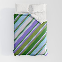 [ Thumbnail: Vibrant Medium Slate Blue, Green, Dark Green, Light Sky Blue & Lavender Colored Stripes Pattern Comforter ]