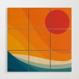 Abstract colorful landscape with wavy sea and sun Wood Wall Art