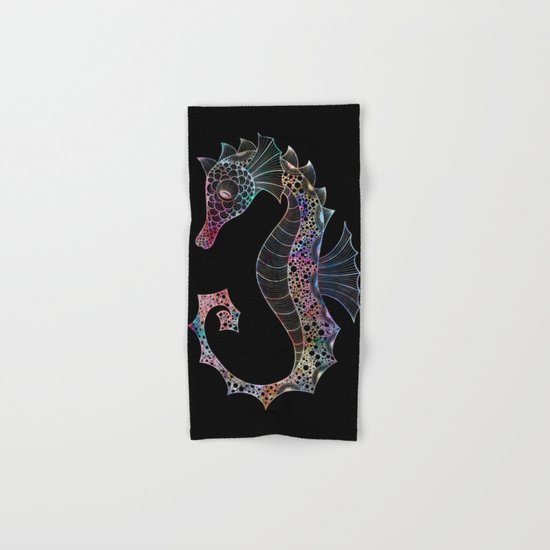Drawn Seahorse on Black Hand & Bath Towel