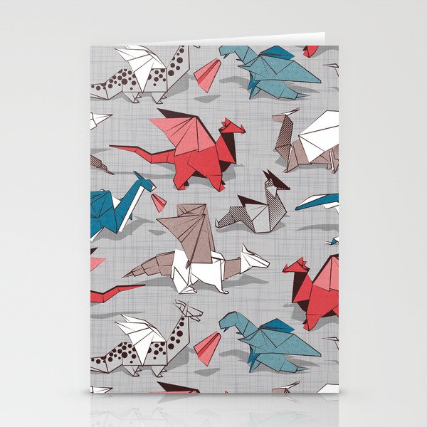 Origami dragon friends // linen texture background blue red grey and taupe fantastic creatures Stationery Cards