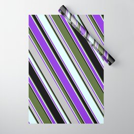 [ Thumbnail: Colorful Dark Olive Green, Light Cyan, Purple, Grey, and Black Colored Lined/Striped Pattern Wrapping Paper ]