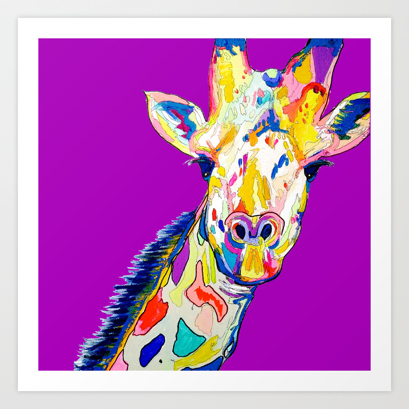 Multicolor Giraffe Painting With Fuchsia Background Art Print By