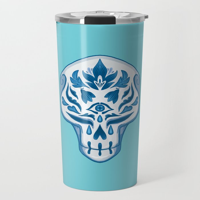 Blue Floral Skull Travel Mug
