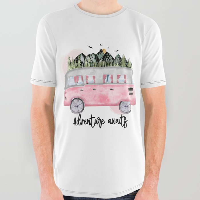 Adventure Awaits Pink Camper All Over Graphic Tee