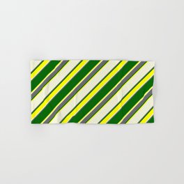 [ Thumbnail: Beige, Dim Gray, Dark Green & Yellow Colored Lined Pattern Hand & Bath Towel ]