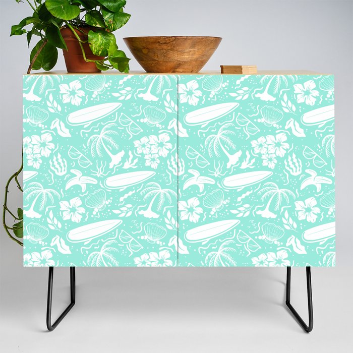 Mint Blue and White Surfing Summer Beach Objects Seamless Pattern Credenza