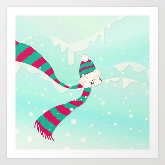 Christmas Peekaboo Snowman I - Mint Blue Snowy Background Art Print