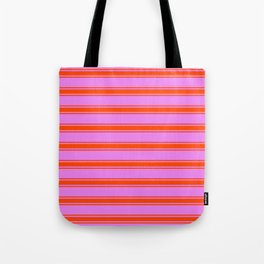 [ Thumbnail: Violet and Red Colored Lined/Striped Pattern Tote Bag ]