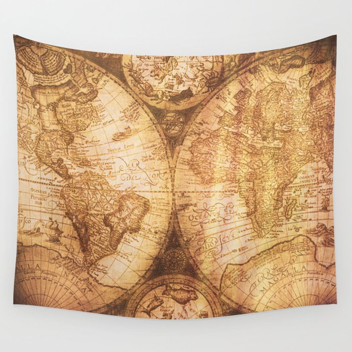 Antique World Map on Wood Wall Tapestry