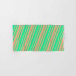 [ Thumbnail: Green & Light Salmon Colored Striped/Lined Pattern Hand & Bath Towel ]