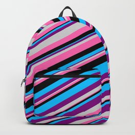 [ Thumbnail: Eyecatching Deep Sky Blue, Purple, Light Grey, Hot Pink, and Black Colored Lined Pattern Backpack ]