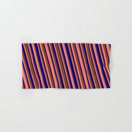 [ Thumbnail: Blue, Brown & Salmon Colored Stripes Pattern Hand & Bath Towel ]