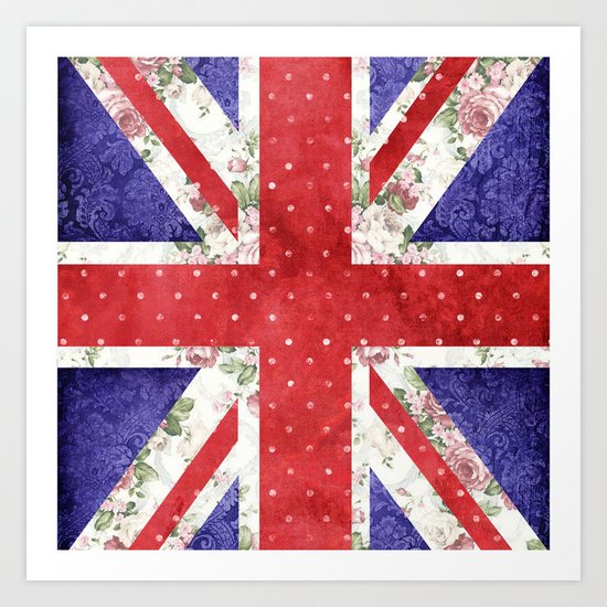 Vintage Red Polka Dots Floral UK Union Jack Flag and Blue Damask Art Print