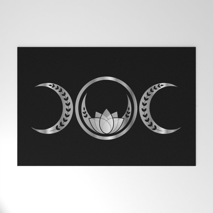 Silver triple moon fertility symbol with moons lotus and vines Welcome Mat