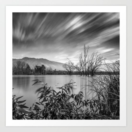 "Windy Clouds". At the lake. BW Art Print