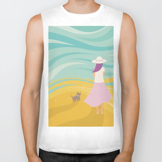 Listen to the Ocean (Girl and Cat Vector Graphic Illustration) Biker Tank