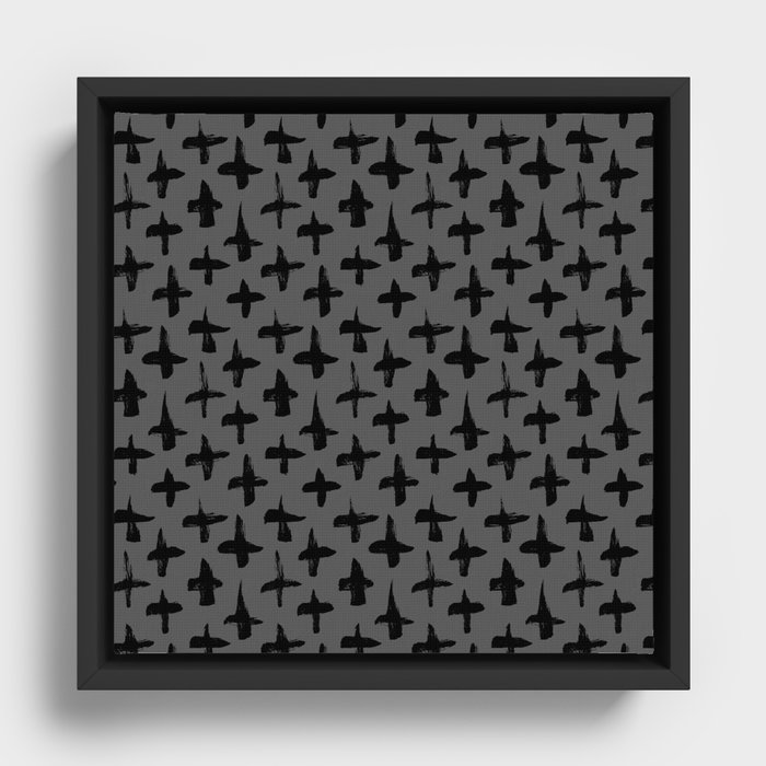 Dark Grey and Black plus signs brush strokes seamless pattern Framed Canvas