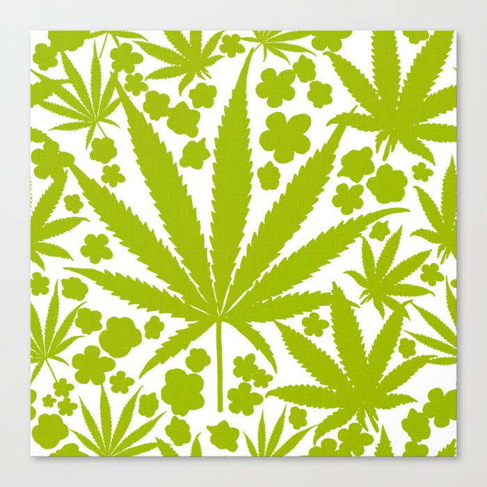 Modern Cannabis And Flowers Green On White Canvas Print