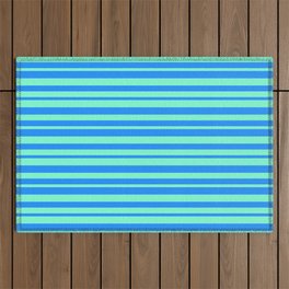 [ Thumbnail: Aquamarine and Blue Colored Pattern of Stripes Outdoor Rug ]