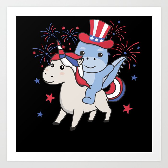 Dino With Unicorn For Fourth Of July Fireworks Art Print