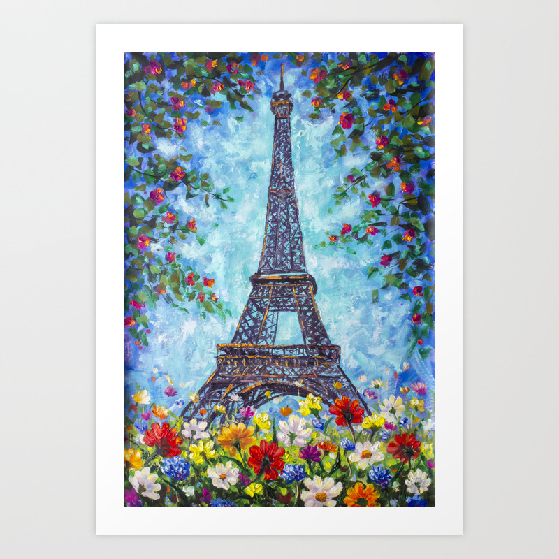 Handmade Painting Spring Eiffel Tower Paris In Flowers Original