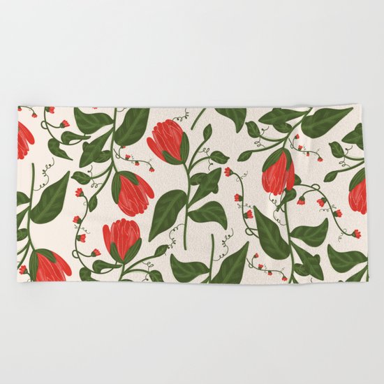 Red Bright Floral Pattern Beach Towel