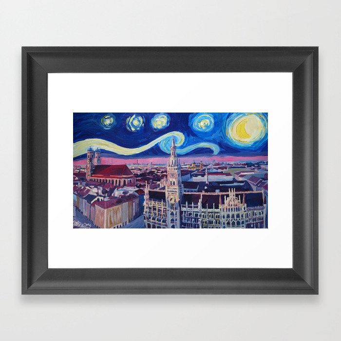 Starry Night In Munich Van Gogh Inspirations with Church of Our Lady and City Hall Framed Art Print