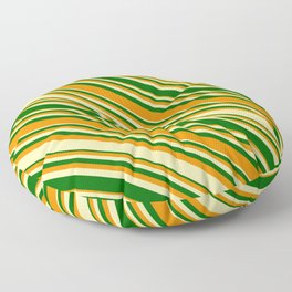 [ Thumbnail: Pale Goldenrod, Dark Green, and Dark Orange Colored Lined/Striped Pattern Floor Pillow ]