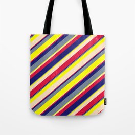 [ Thumbnail: Vibrant Light Slate Gray, Yellow, Bisque, Crimson & Midnight Blue Colored Lines/Stripes Pattern Tote Bag ]