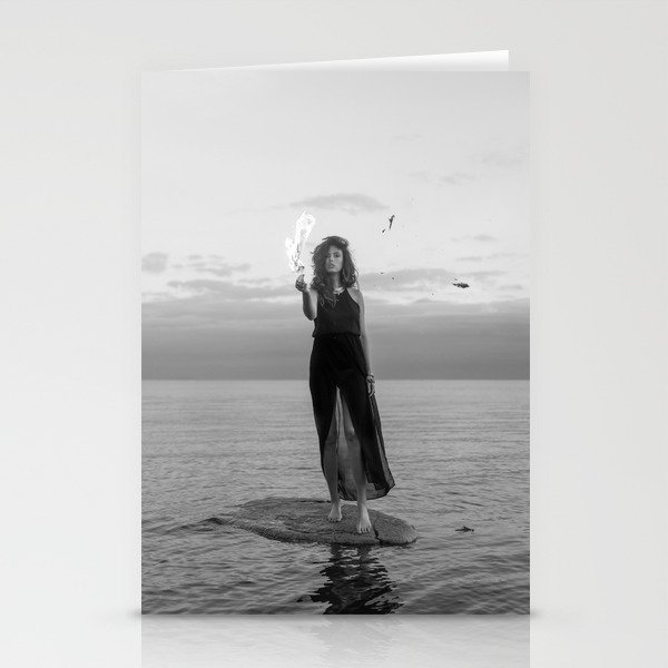 Waterfire; female on ocean water with fire black and white surreal photograph - photography - photographs Stationery Cards
