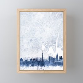 Tokyo Skyline & Map Watercolor Navy Blue, Print by Zouzounio Art Framed Mini Art Print
